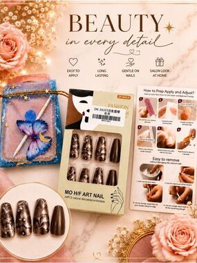 Brown Floral Press On Nail Set
